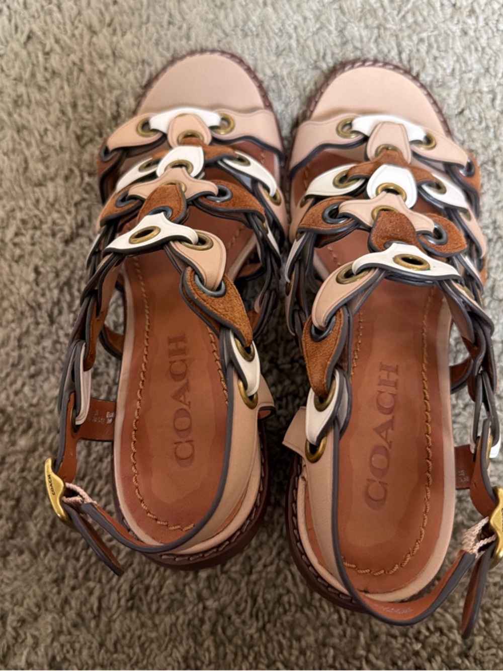 Coach Pink and Brown Leather Floral-Link Slingback Sandals - Picture 4 of 7